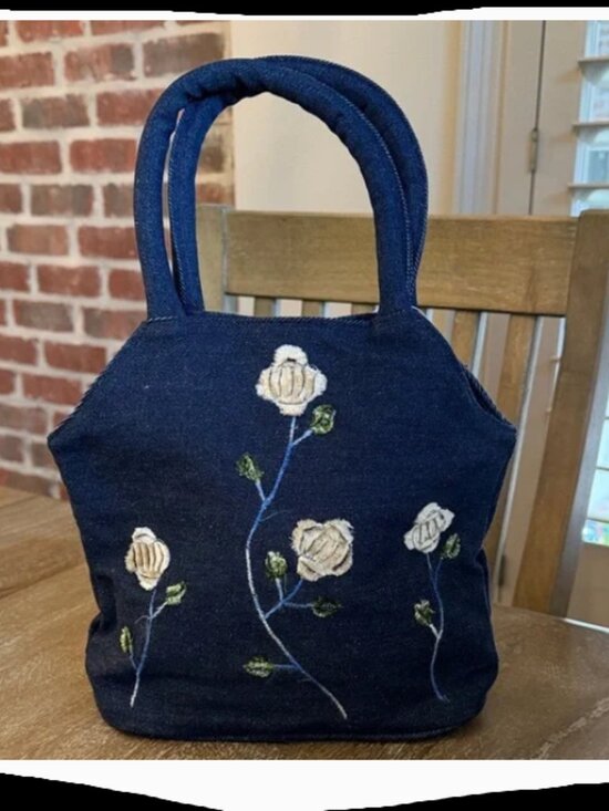 New Origins Handbags - New Origins Denim Floral Embroidered Tote Bag